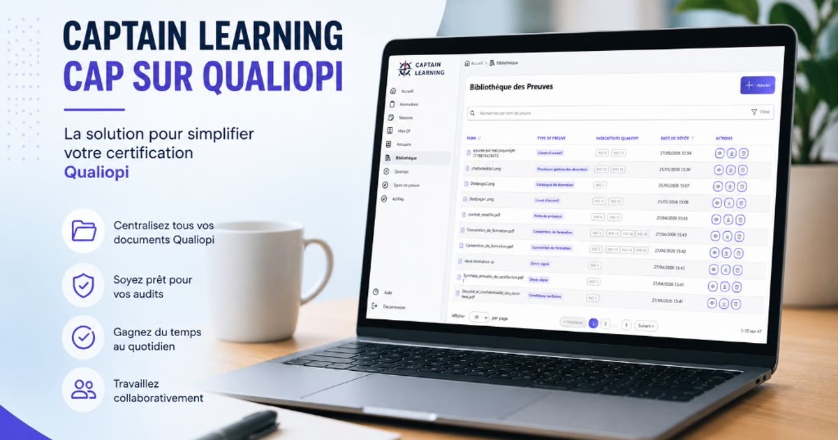 CaptainLearning — cap sur Qualiopi : interface Bibliothèque des preuves, classement par type et indicateurs Qualiopi.